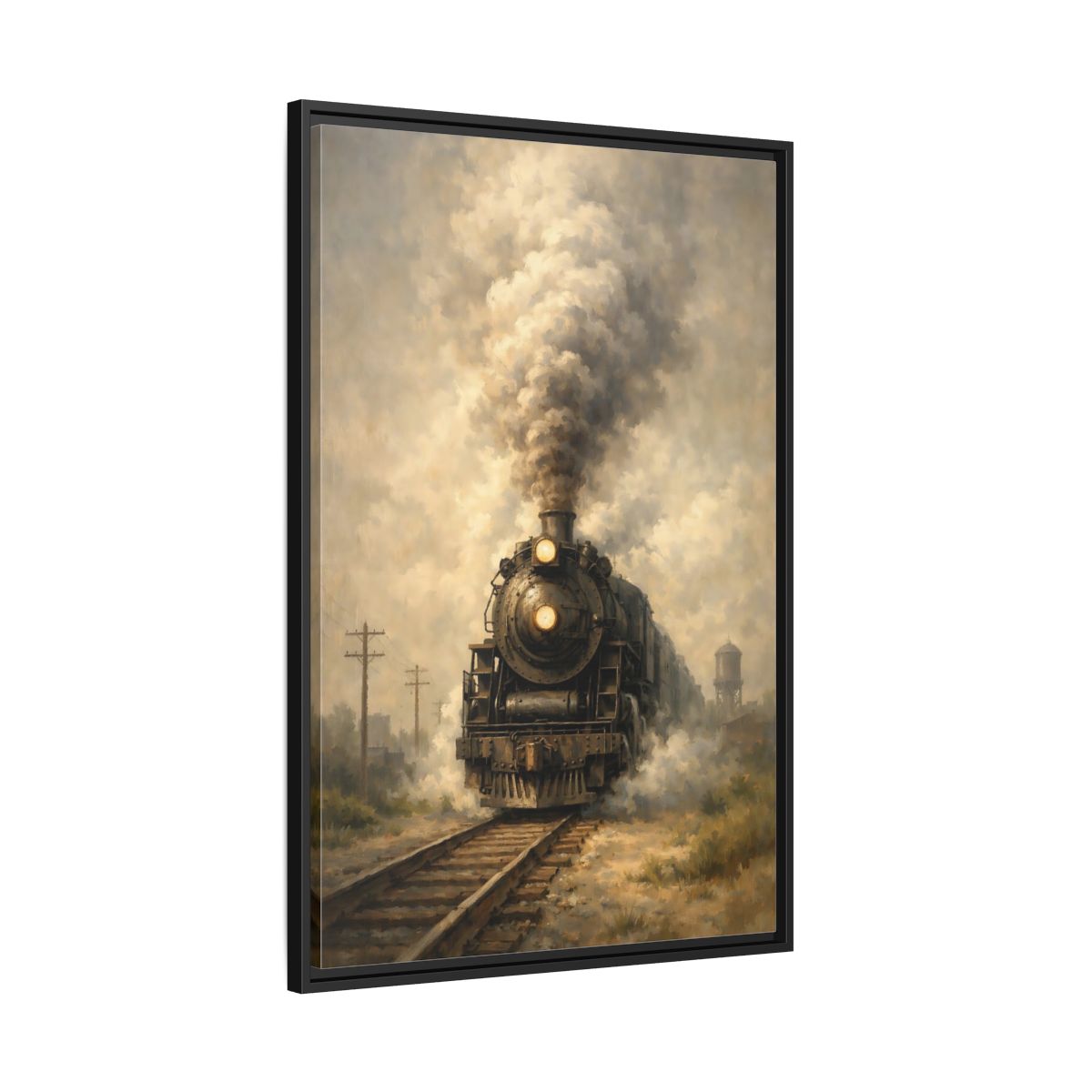 Side Mockup 13. Vintage Steam Train Brown And Grey Train shown as stretched canvas wall art