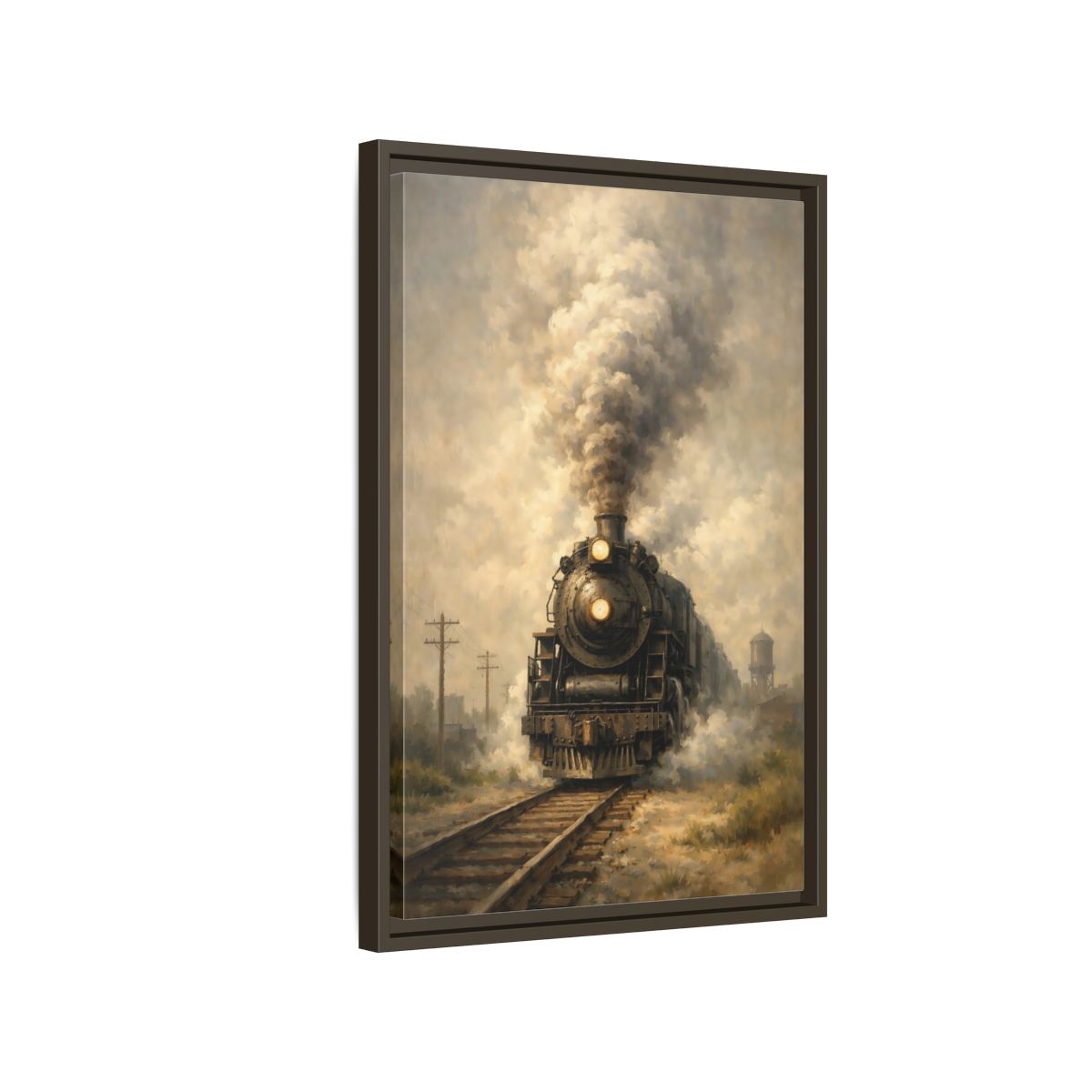Side Mockup 2. Vintage Steam Train Brown And Grey Train shown as stretched canvas wall art