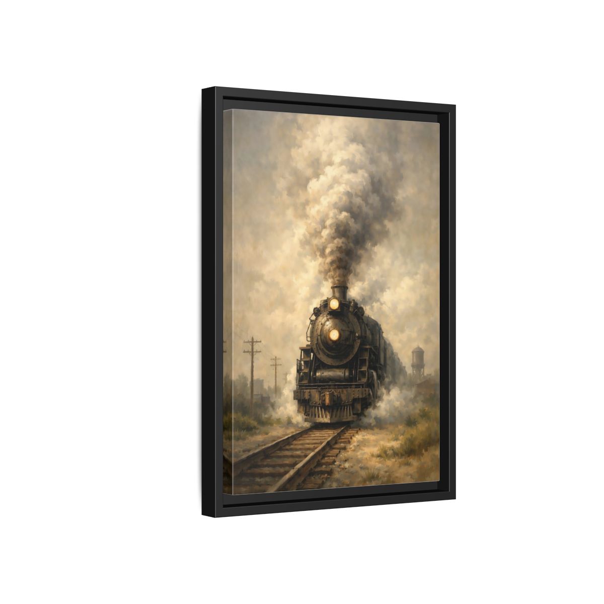 Side Mockup 6. Vintage Steam Train Brown And Grey Train shown as stretched canvas wall art