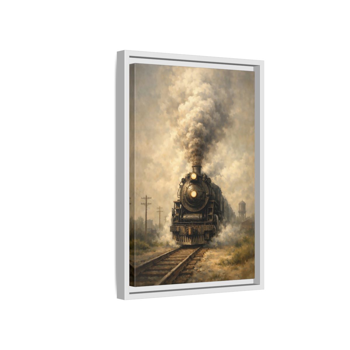 Side Mockup 4. Vintage Steam Train Brown And Grey Train shown as stretched canvas wall art