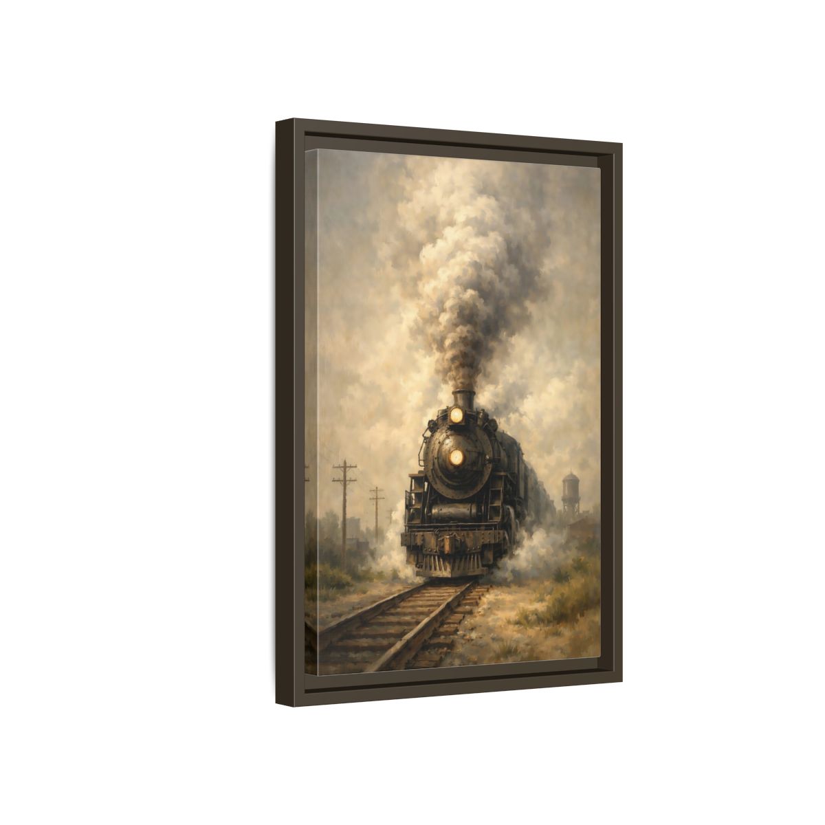 Side Mockup 5. Vintage Steam Train Brown And Grey Train shown as stretched canvas wall art