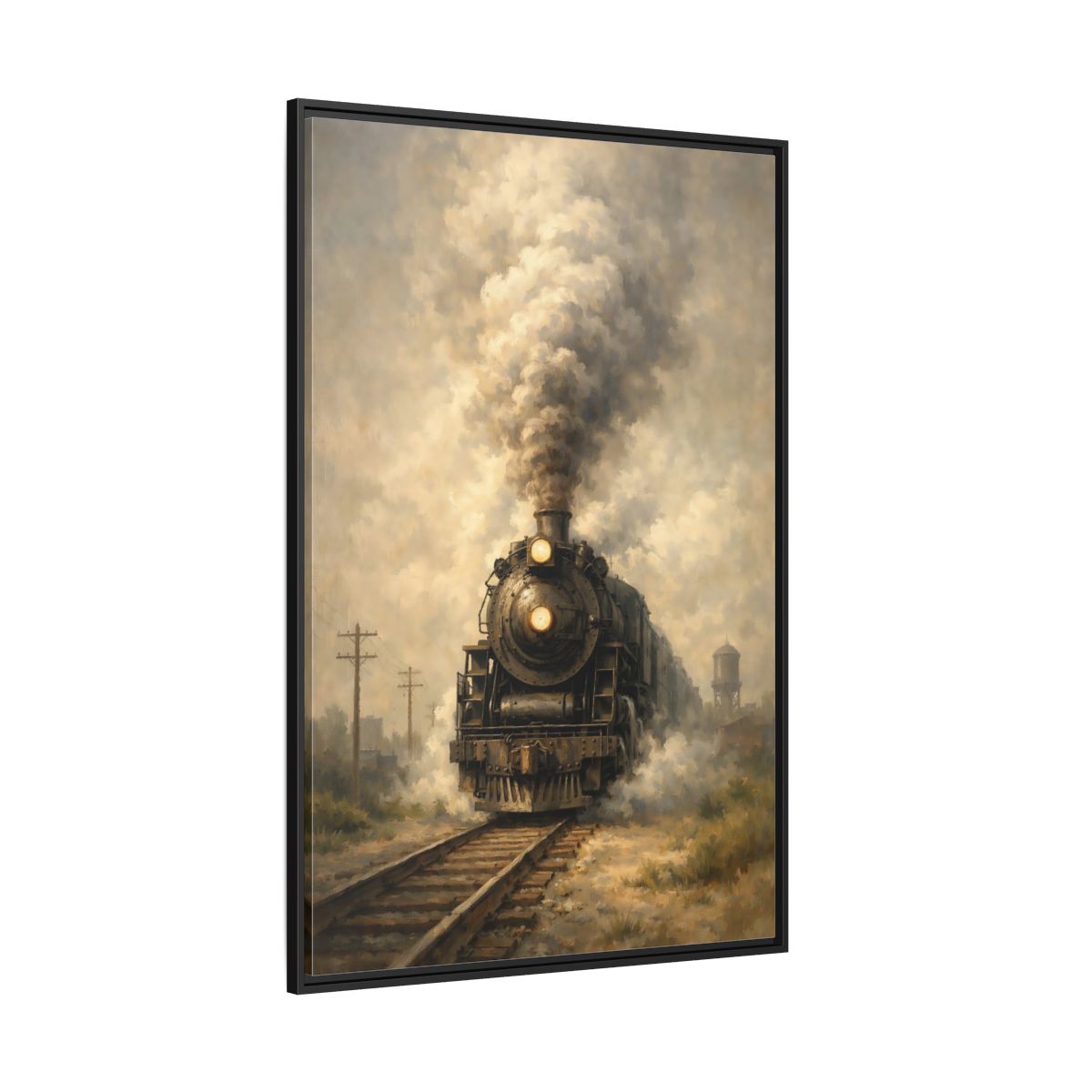 Main Mockup. Vintage Steam Train Brown And Grey Train shown as stretched canvas wall art