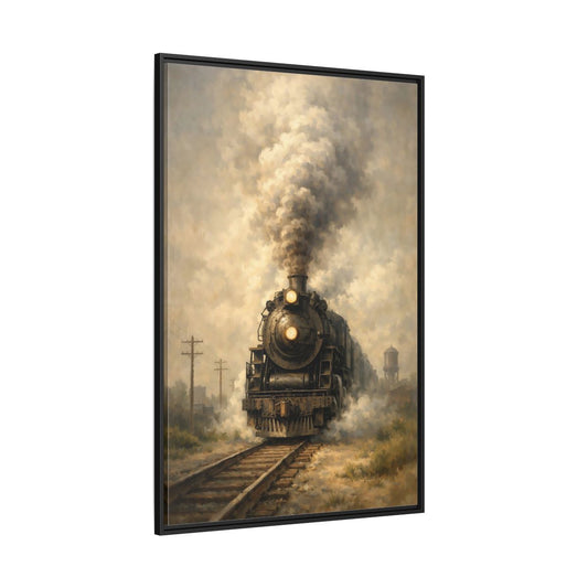 Main Mockup. Vintage Steam Train Brown And Grey Train shown as stretched canvas wall art