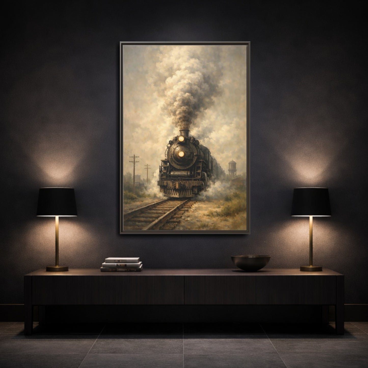 Mockup 2. Vintage Steam Train Brown And Grey Train shown as stretched canvas wall art
