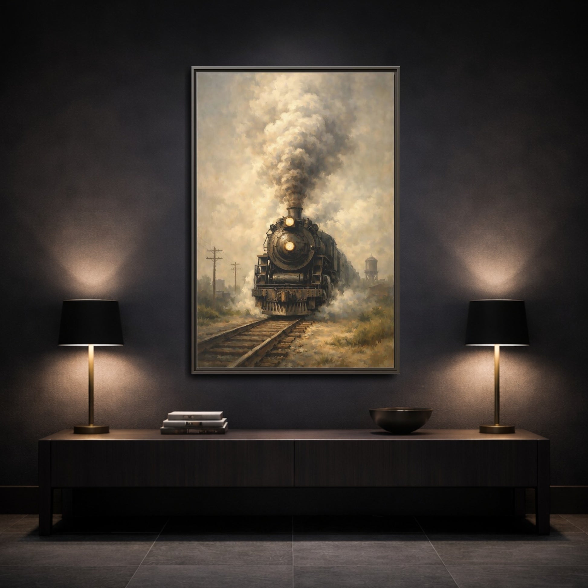 Mockup 2. Vintage Steam Train Brown And Grey Train shown as stretched canvas wall art