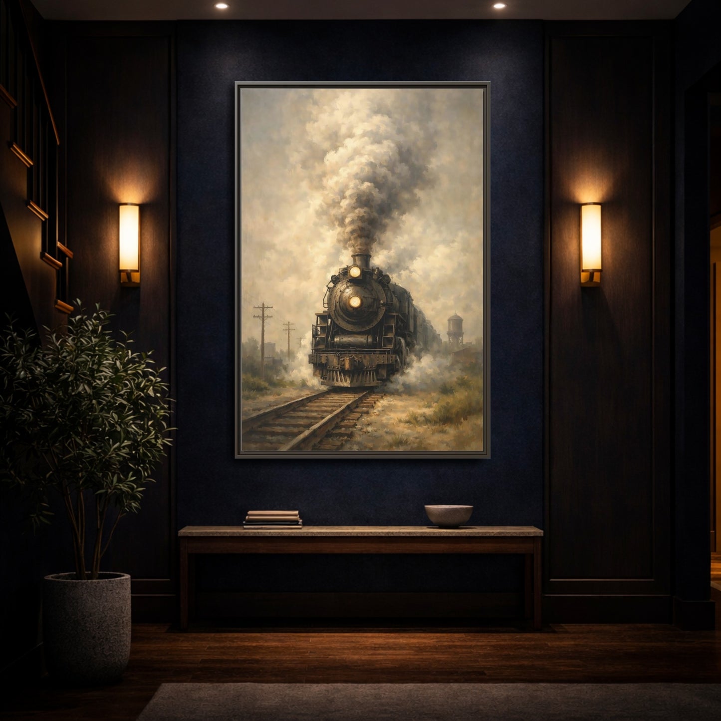 Mockup 3. Vintage Steam Train Brown And Grey Train shown as stretched canvas wall art