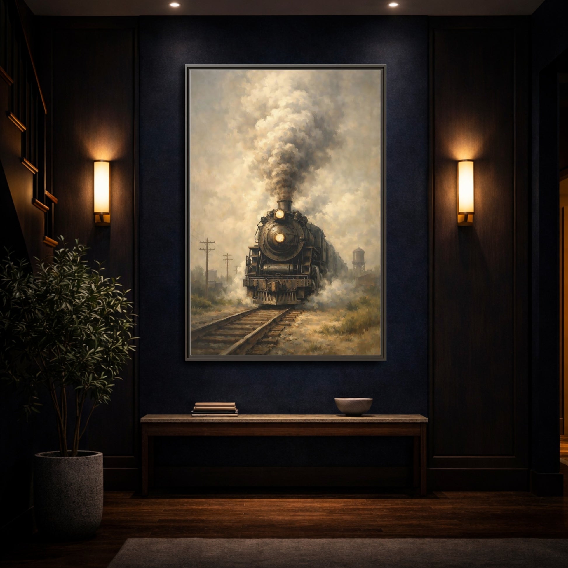Mockup 3. Vintage Steam Train Brown And Grey Train shown as stretched canvas wall art
