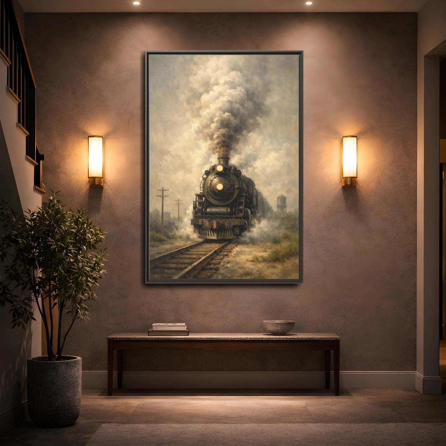 Mockup 4. Vintage Steam Train Brown And Grey Train shown as stretched canvas wall art