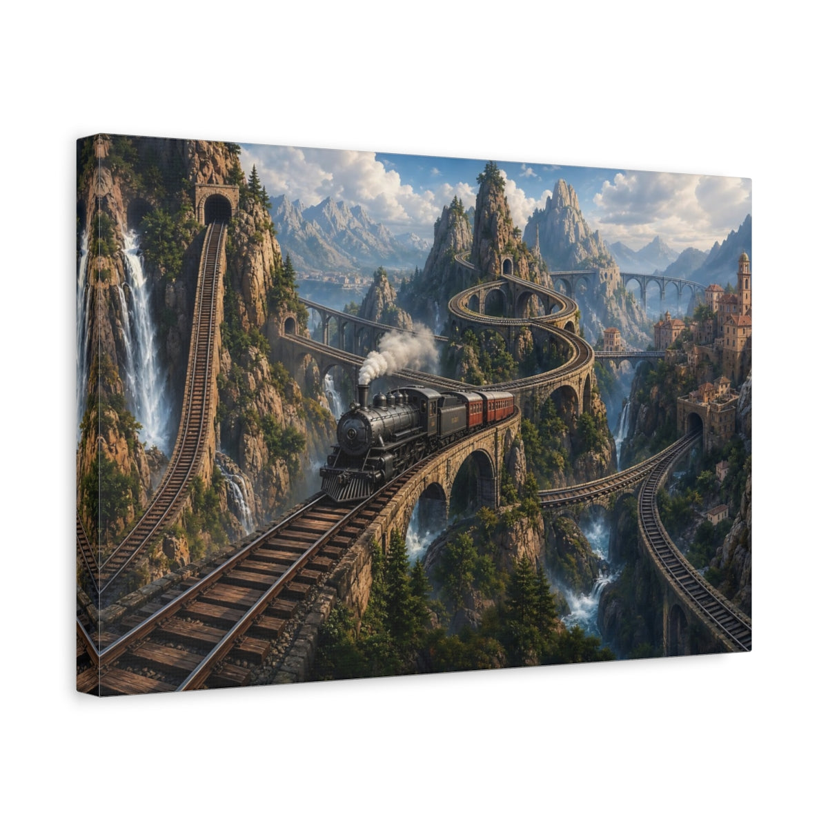 Side Mockup 4. Vintage Steam Train Mountain Train shown as stretched canvas wall art