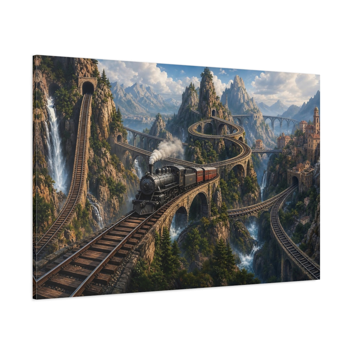 Side Mockup 1. Vintage Steam Train Mountain Train shown as stretched canvas wall art