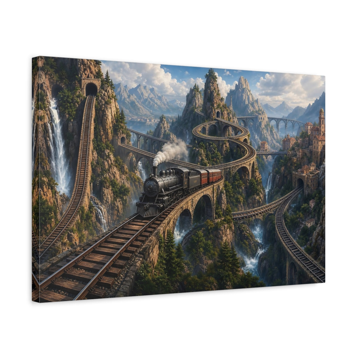 Side Mockup 3. Vintage Steam Train Mountain Train shown as stretched canvas wall art