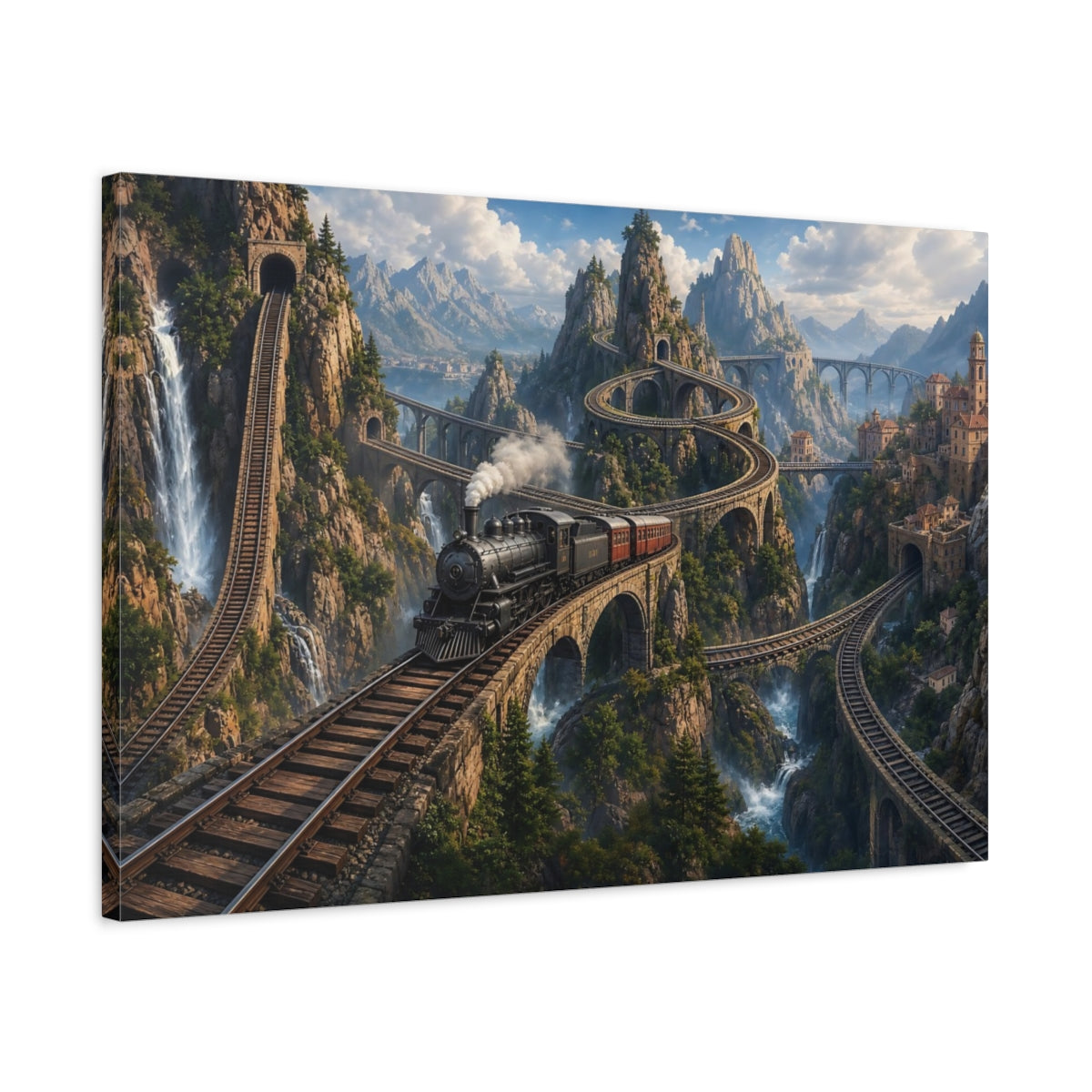 Side Mockup 2. Vintage Steam Train Mountain Train shown as stretched canvas wall art