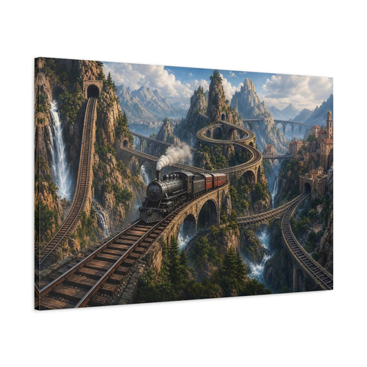 Main Mockup. Vintage Steam Train Mountain Train shown as stretched canvas wall art
