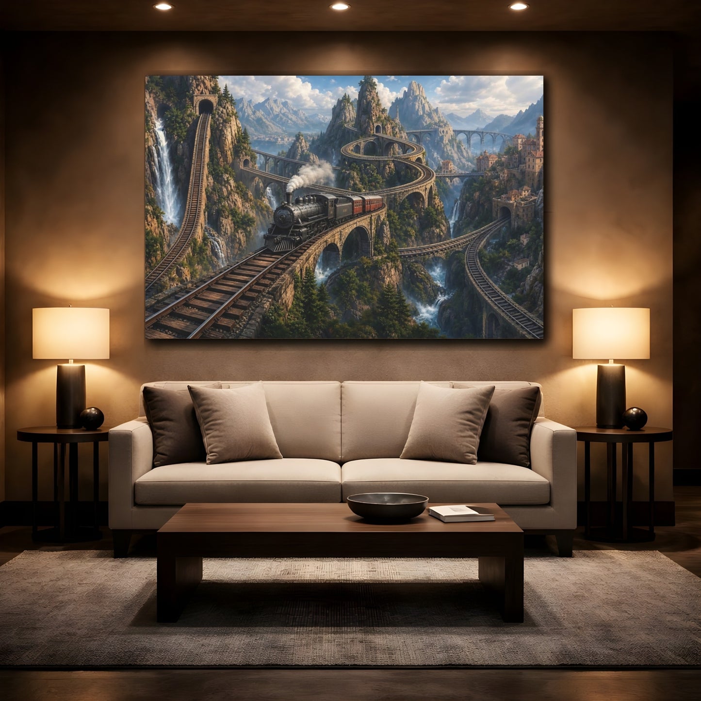 Mockup 2. Vintage Steam Train Mountain Train shown as stretched canvas wall art