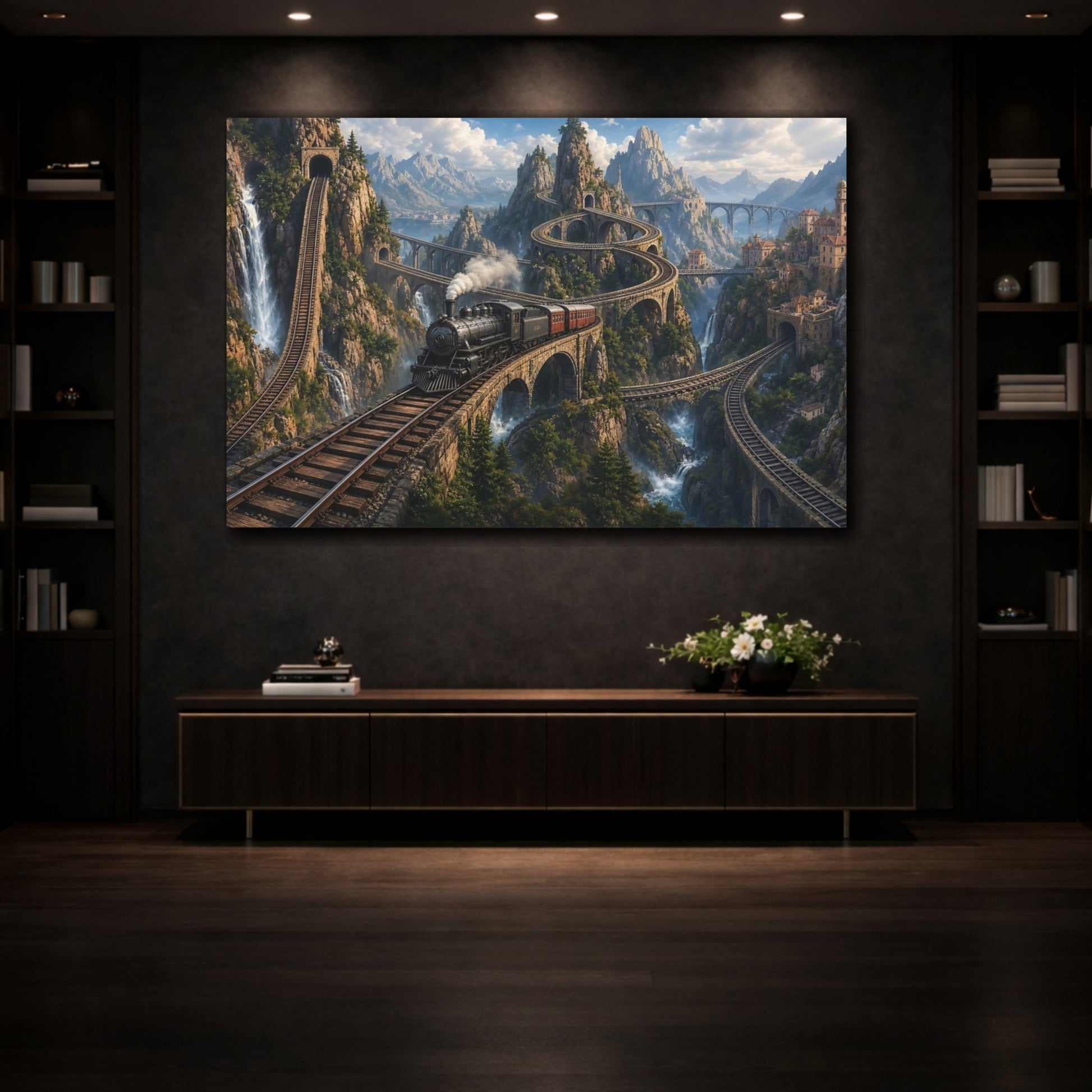 Mockup 3. Vintage Steam Train Mountain Train shown as stretched canvas wall art