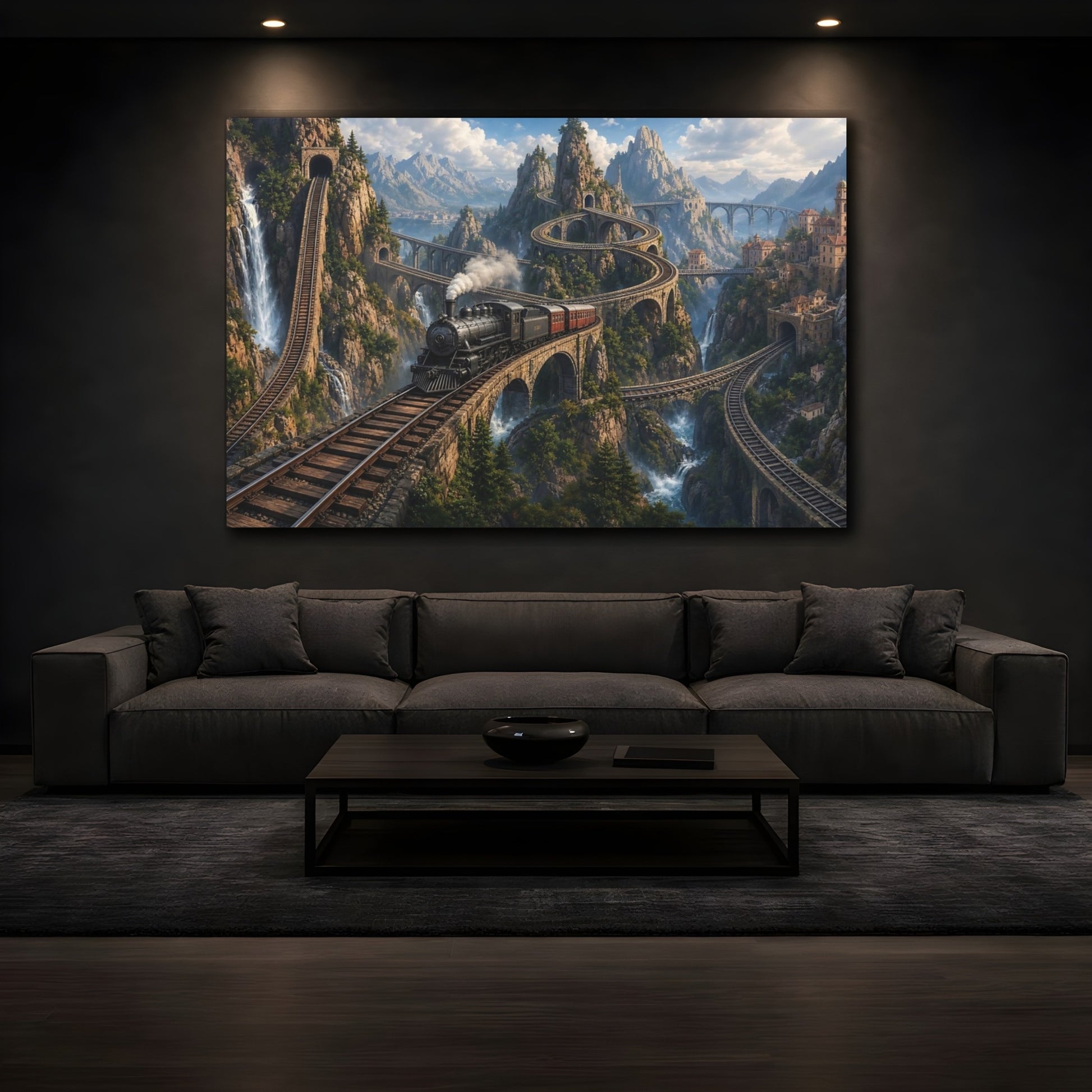 Mockup 4. Vintage Steam Train Mountain Train shown as stretched canvas wall art
