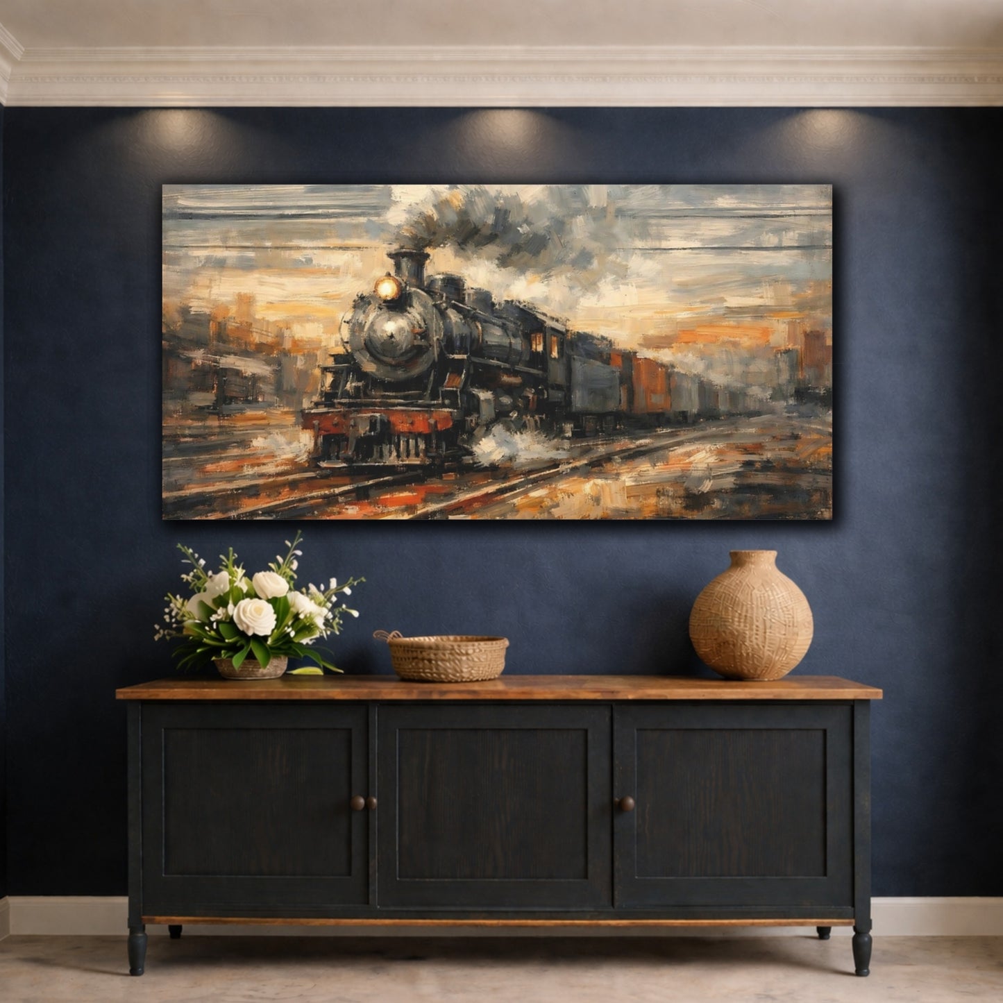 Mockup 4. Vintage Steam Train Vintage Steam Train shown as stretched canvas wall art