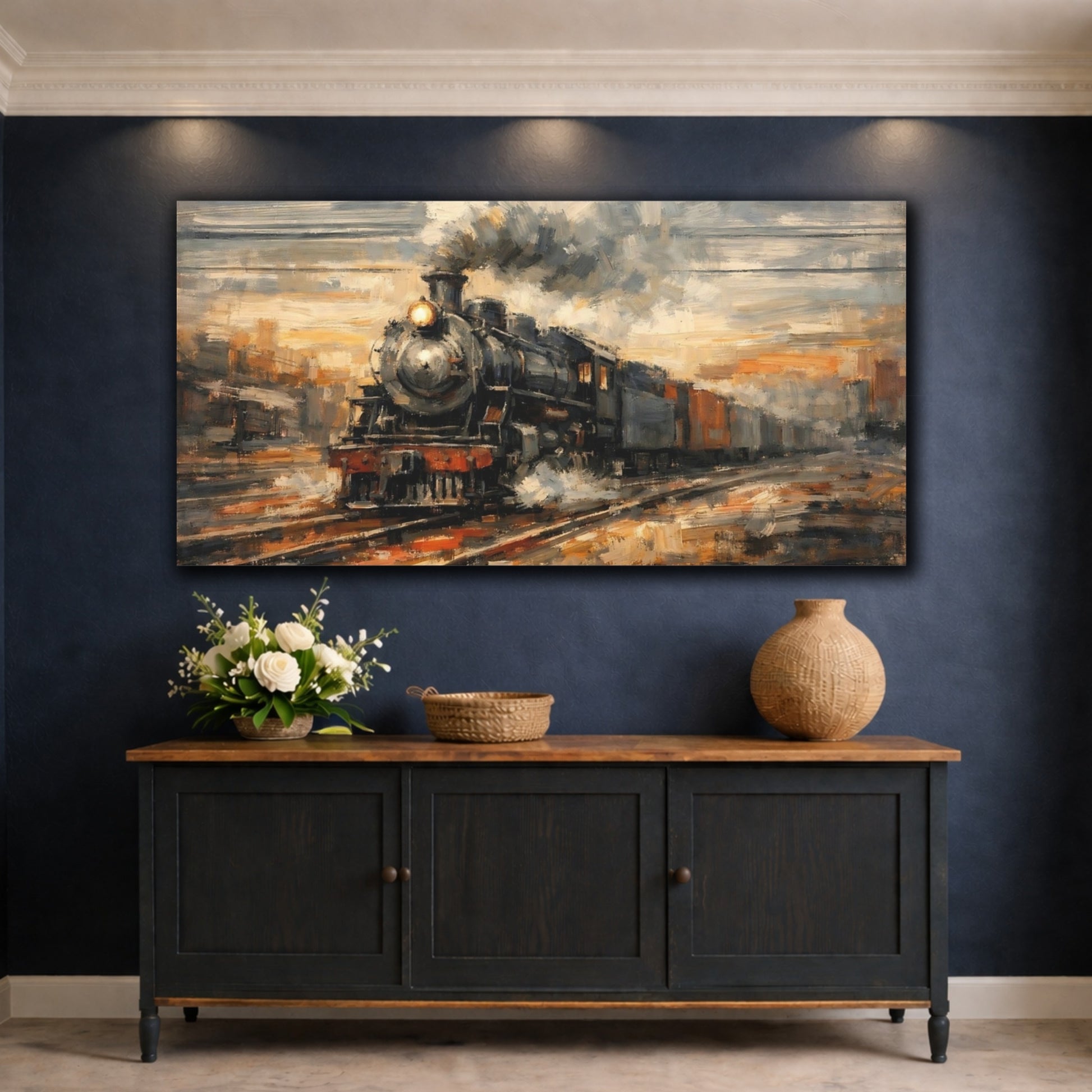Mockup 4. Vintage Steam Train Vintage Steam Train shown as stretched canvas wall art