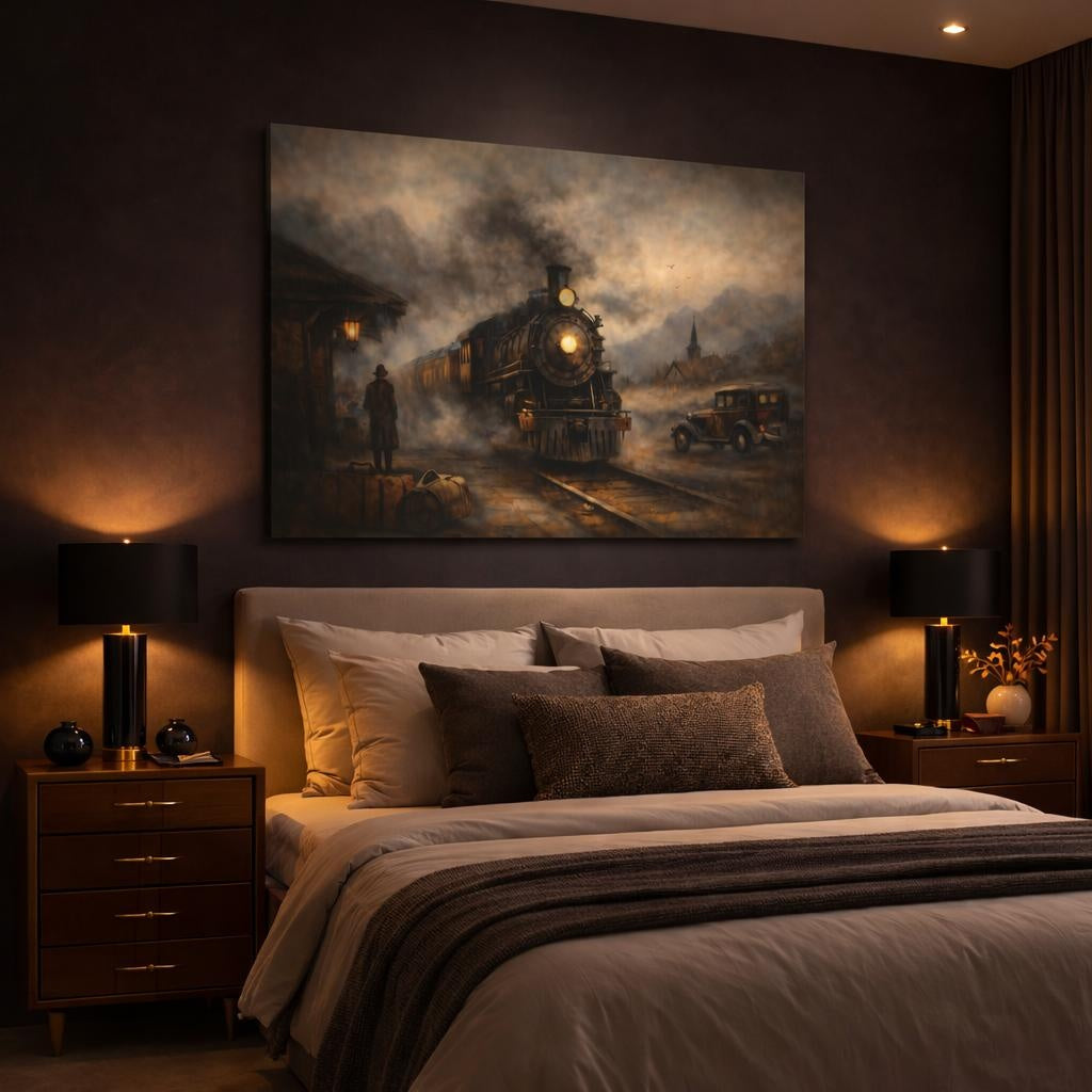 Vintage Steam Train Vintage Train Journey shown as canvas wall art in a luxury bedroom