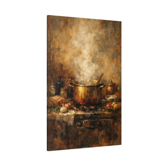 Main Mockup. Vintage Steaming Pot Brown And Gold shown as stretched canvas wall art