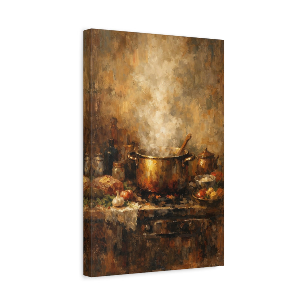 Side Mockup 4. Vintage Steaming Pot Brown And Gold shown as stretched canvas wall art