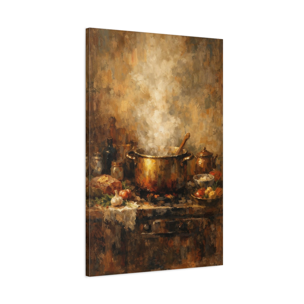 Side Mockup 1. Vintage Steaming Pot Brown And Gold shown as stretched canvas wall art