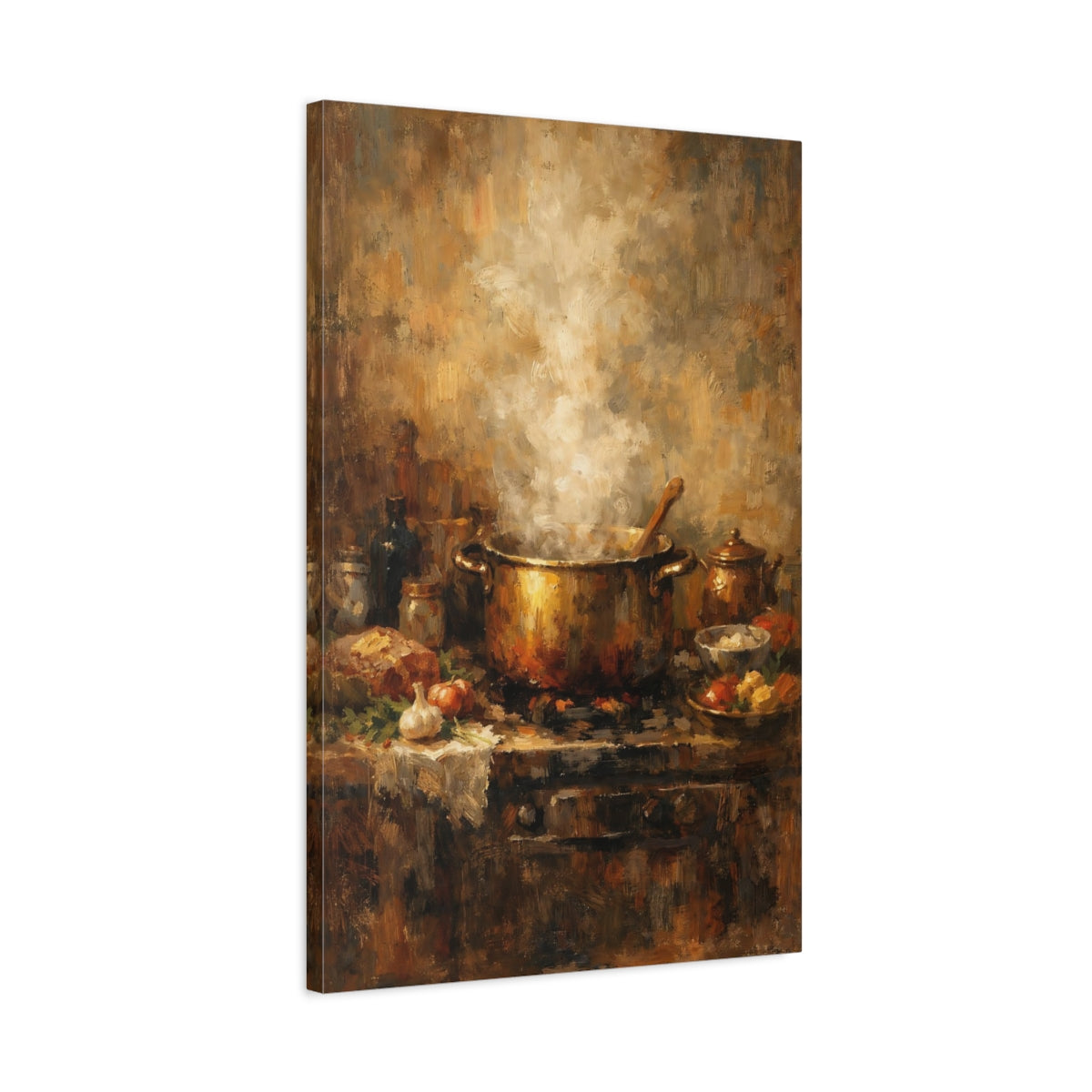 Side Mockup 2. Vintage Steaming Pot Brown And Gold shown as stretched canvas wall art