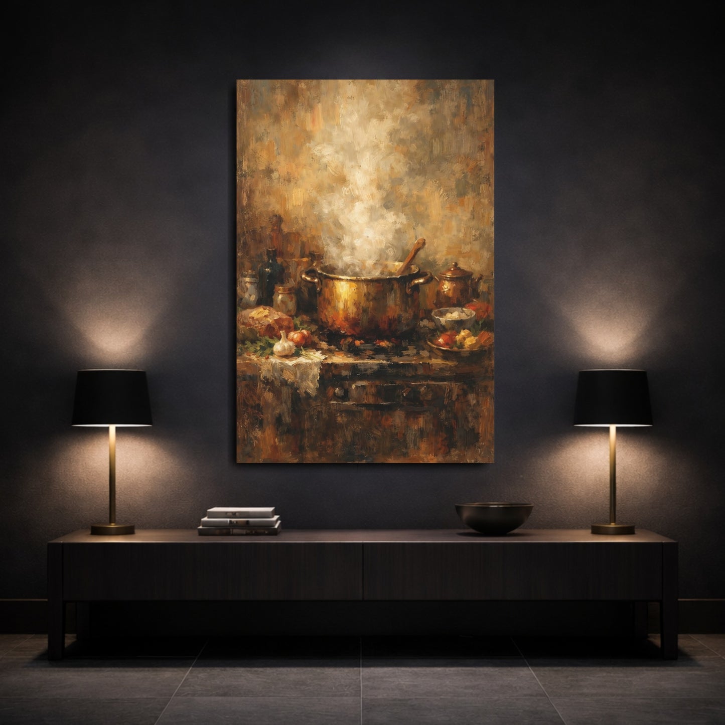 Mockup 2. Vintage Steaming Pot Brown And Gold shown as stretched canvas wall art