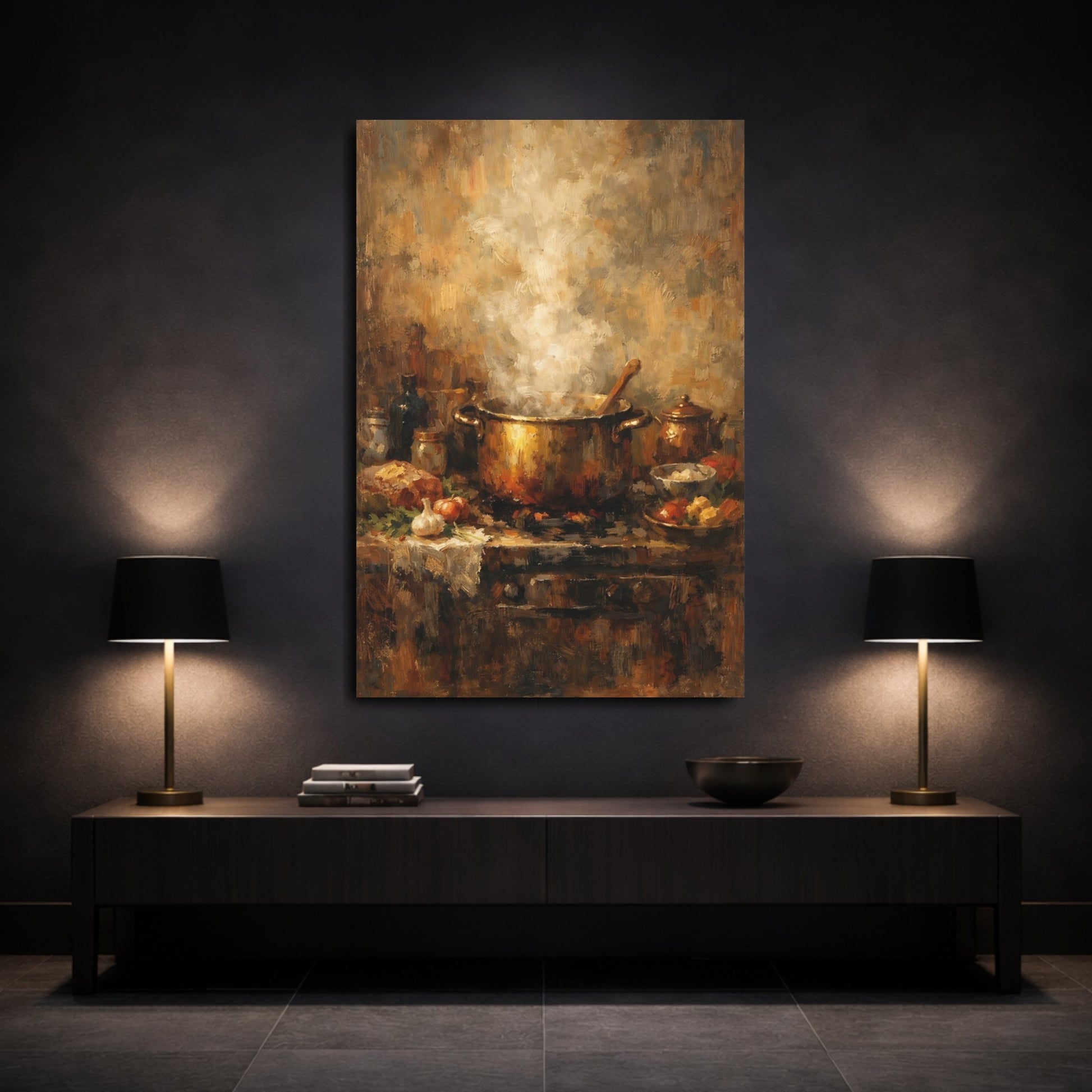 Mockup 2. Vintage Steaming Pot Brown And Gold shown as stretched canvas wall art