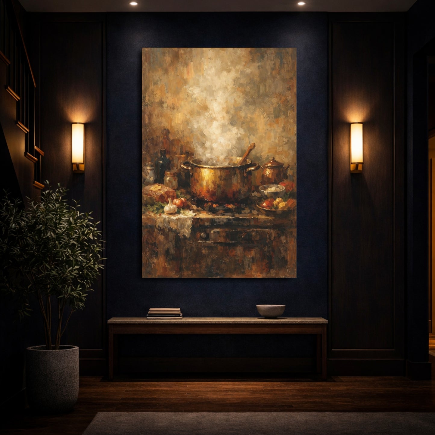 Mockup 3. Vintage Steaming Pot Brown And Gold shown as stretched canvas wall art