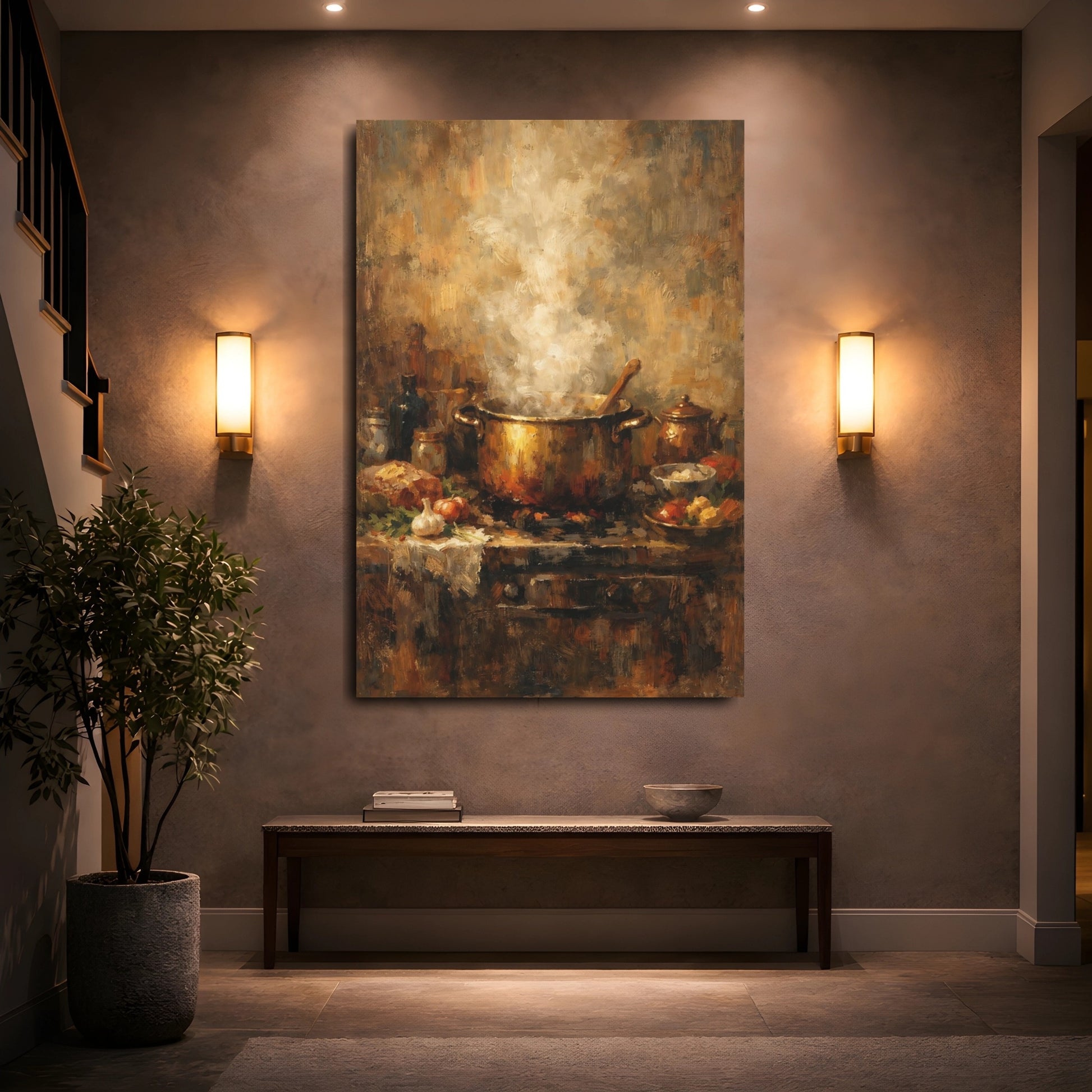 Mockup 4. Vintage Steaming Pot Brown And Gold shown as stretched canvas wall art
