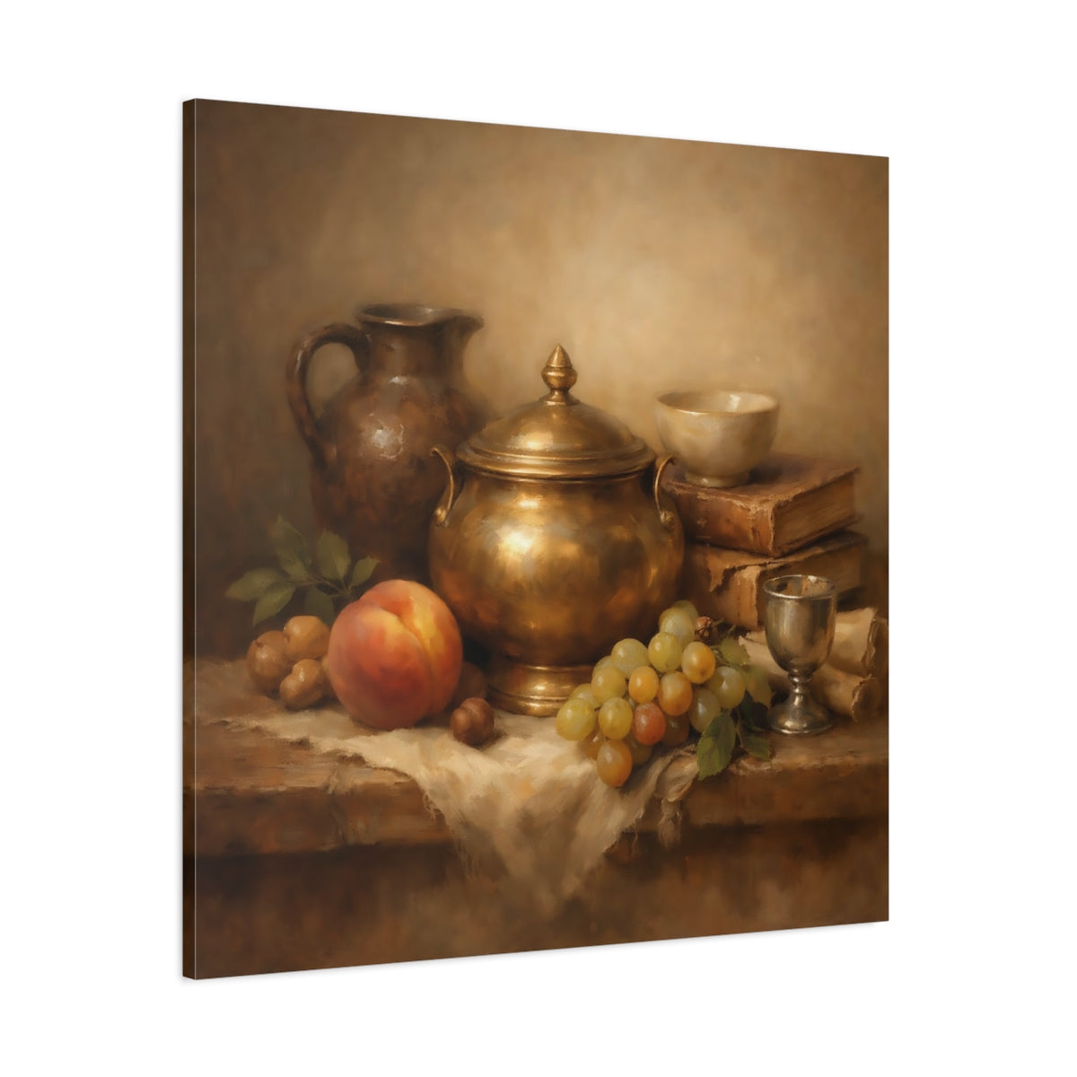 Main Mockup. Vintage Still Life Gold And Brown Still Life shown as stretched canvas wall art