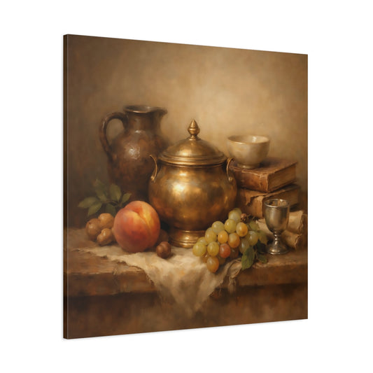 Main Mockup. Vintage Still Life Gold And Brown Still Life shown as stretched canvas wall art