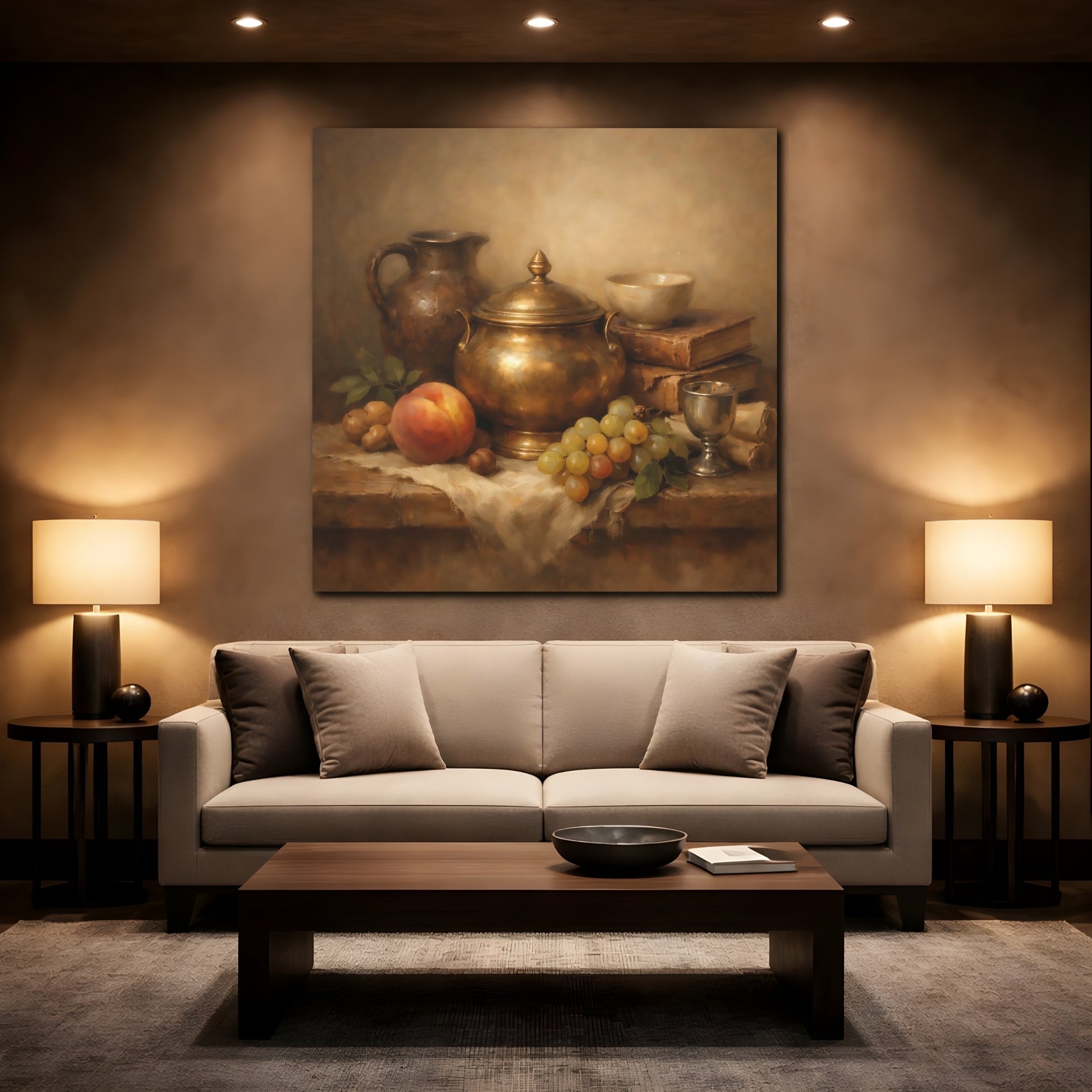 Mockup 2. Vintage Still Life Gold And Brown Still Life shown as stretched canvas wall art