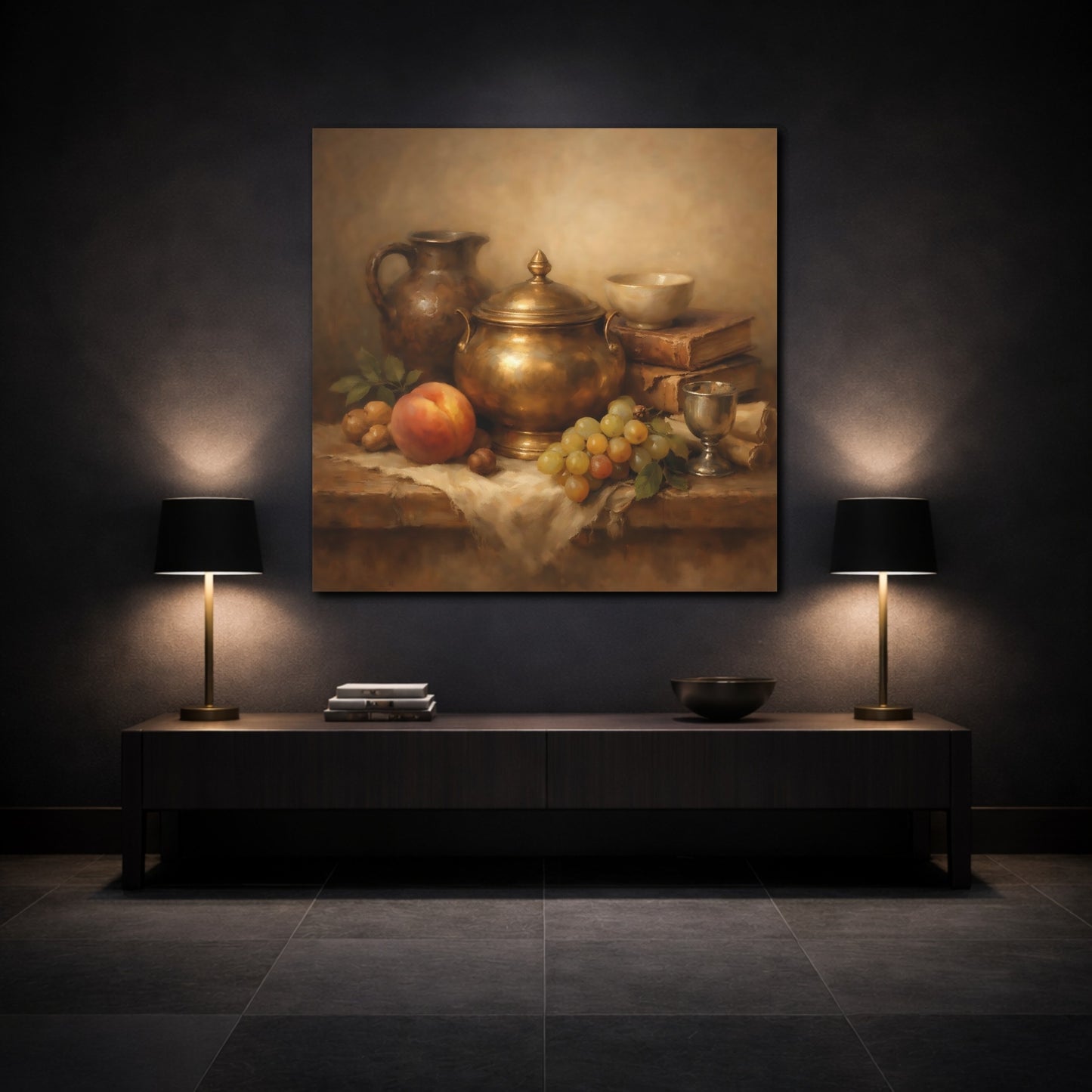 Mockup 3. Vintage Still Life Gold And Brown Still Life shown as stretched canvas wall art