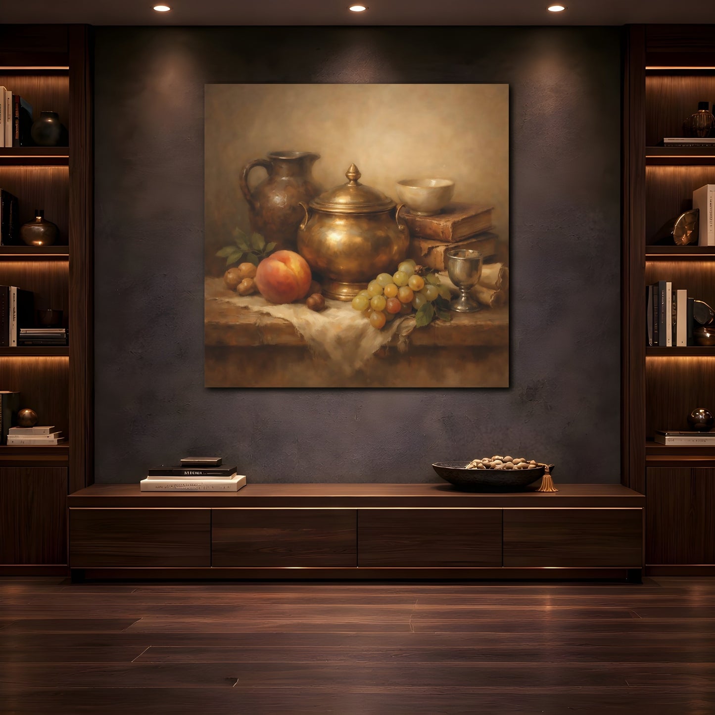 Mockup 4. Vintage Still Life Gold And Brown Still Life shown as stretched canvas wall art