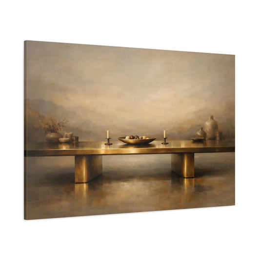 Main Mockup. Vintage Still Life Gold And Tan shown as stretched canvas wall art