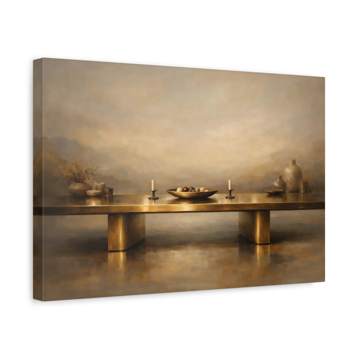 Side Mockup 4. Vintage Still Life Gold And Tan shown as stretched canvas wall art