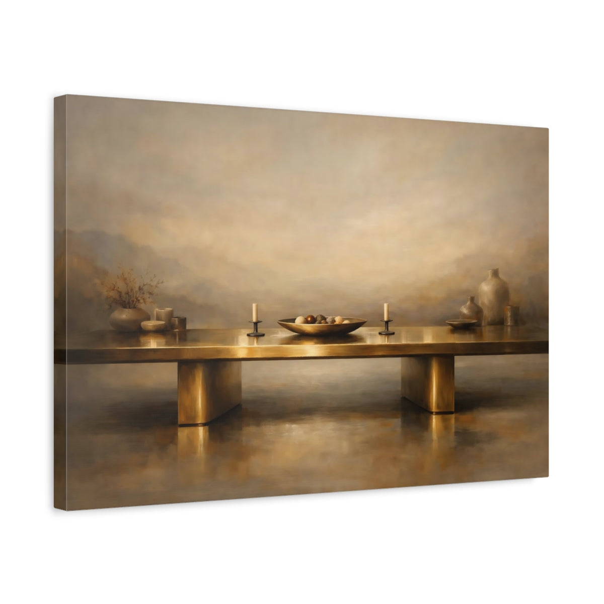 Side Mockup 3. Vintage Still Life Gold And Tan shown as stretched canvas wall art