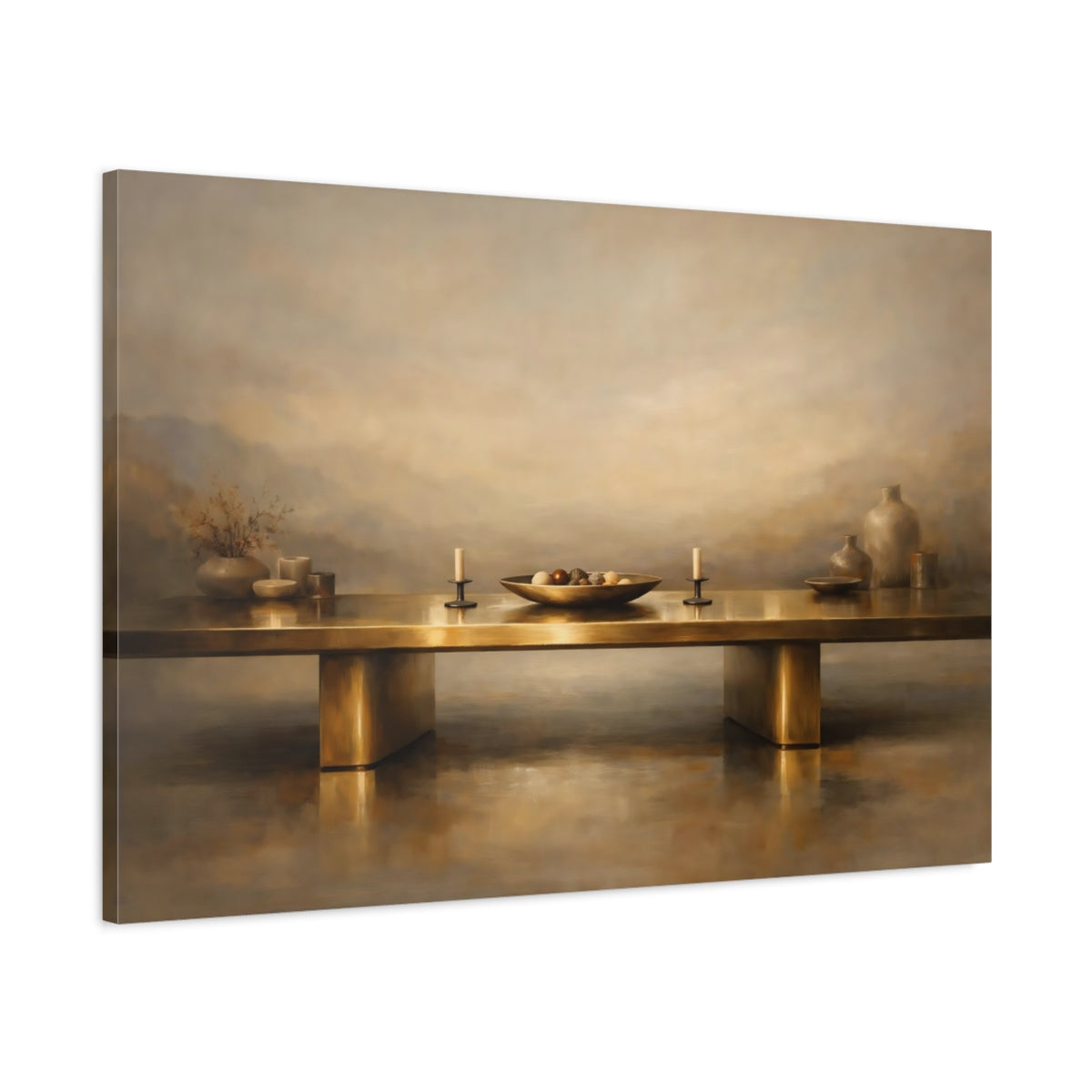 Side Mockup 1. Vintage Still Life Gold And Tan shown as stretched canvas wall art