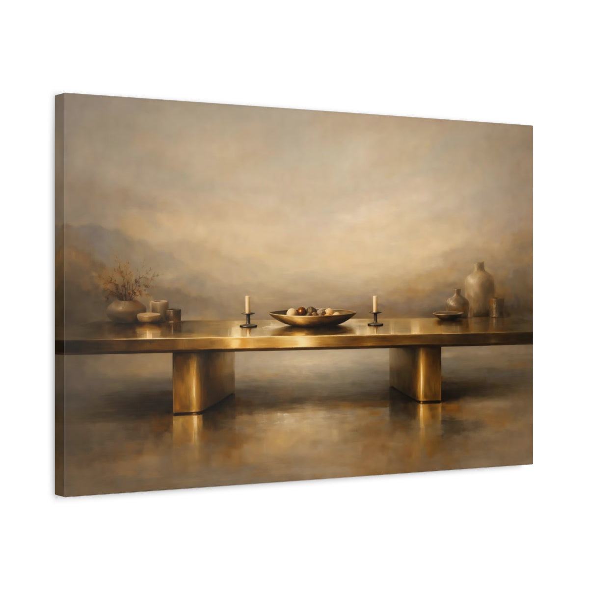 Side Mockup 2. Vintage Still Life Gold And Tan shown as stretched canvas wall art