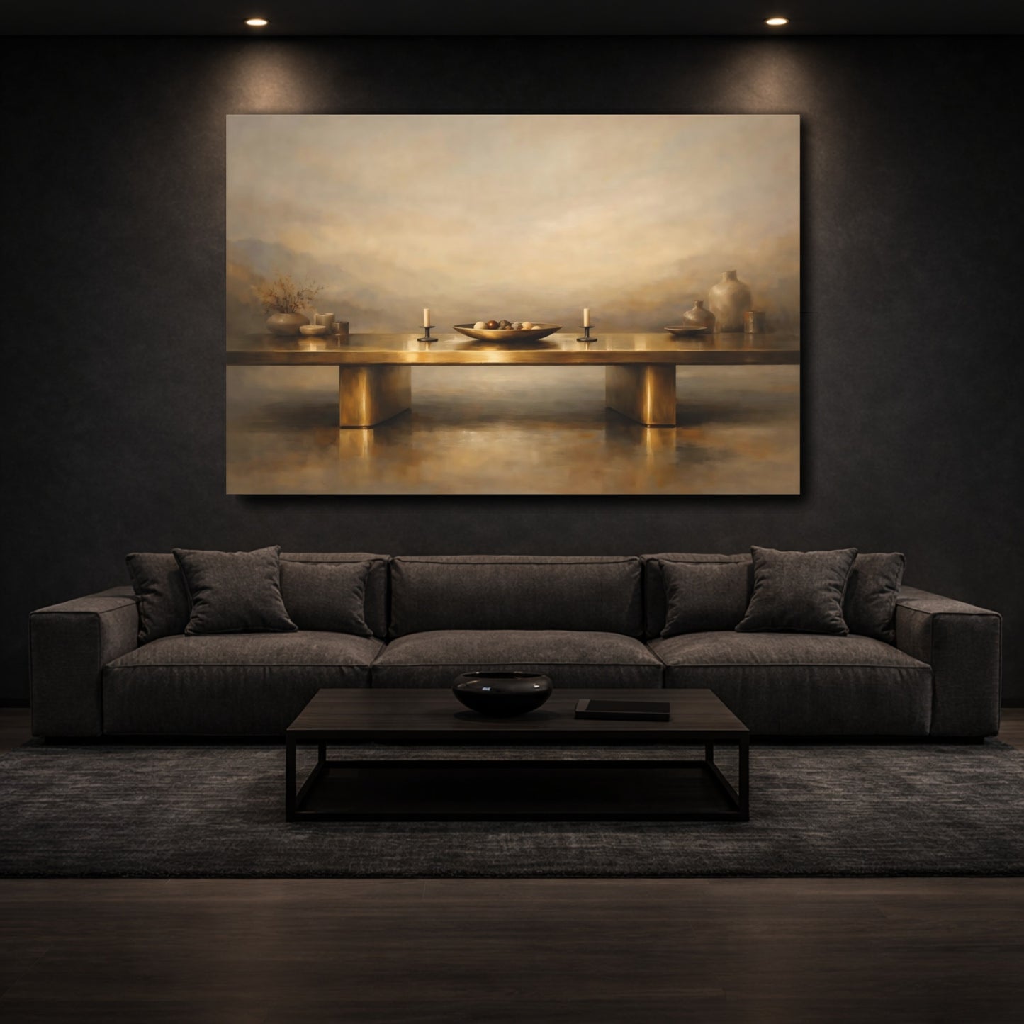 Mockup 2. Vintage Still Life Gold And Tan shown as stretched canvas wall art