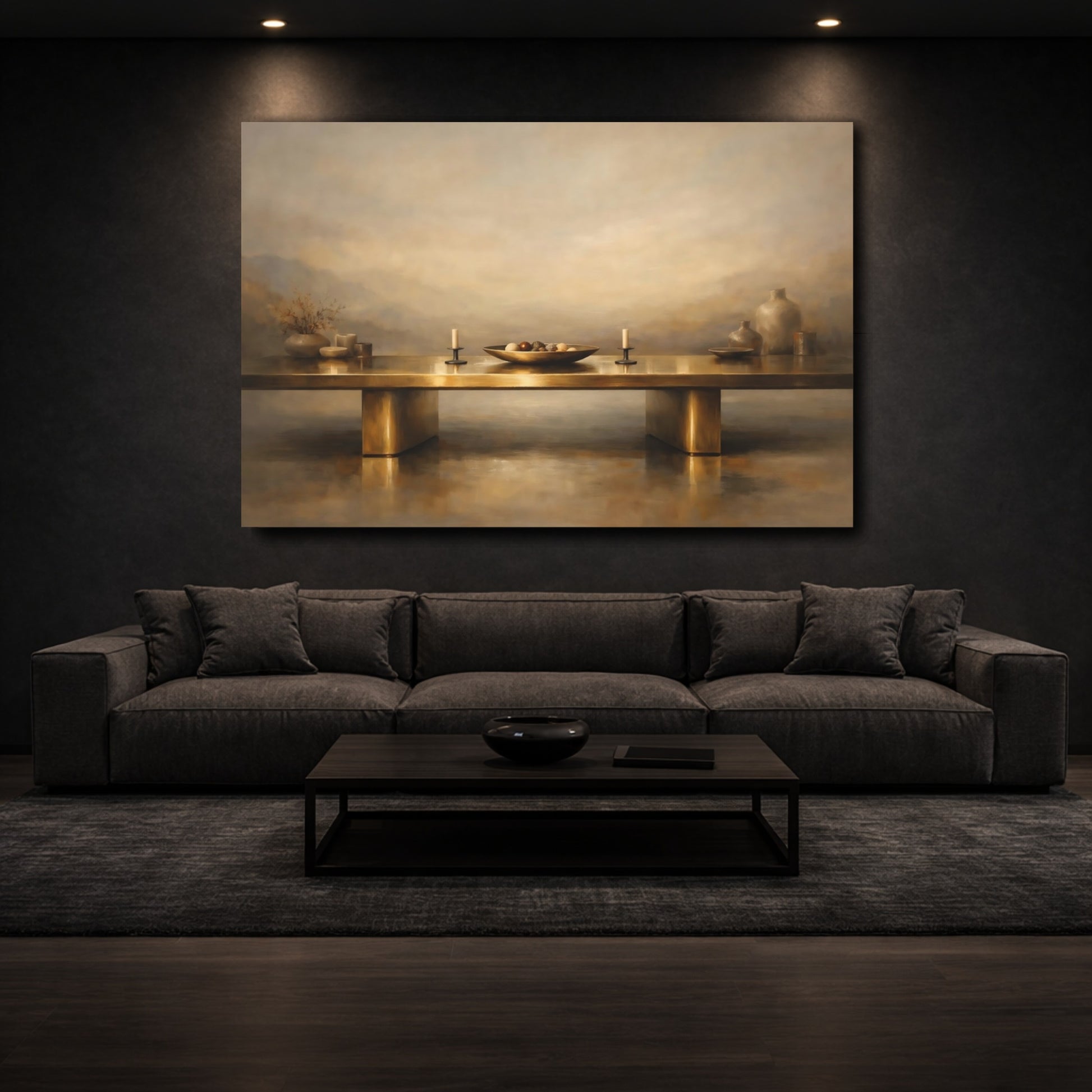 Mockup 2. Vintage Still Life Gold And Tan shown as stretched canvas wall art