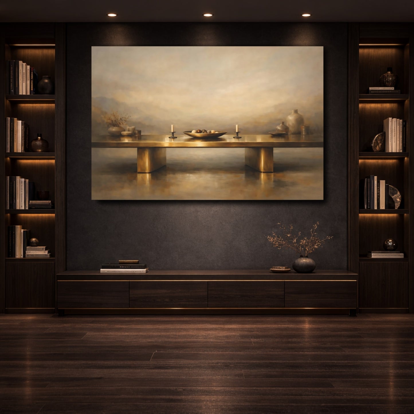 Mockup 3. Vintage Still Life Gold And Tan shown as stretched canvas wall art