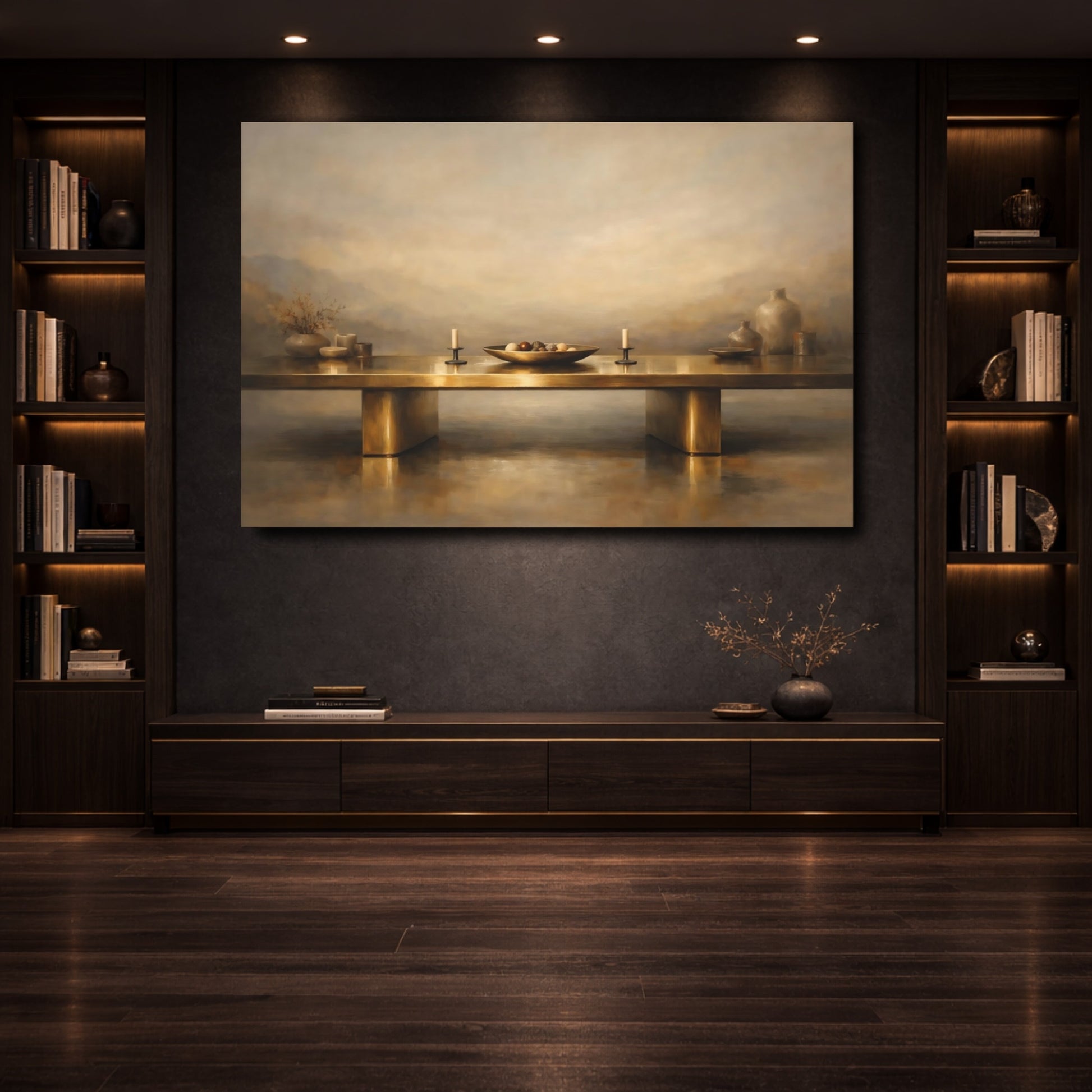 Mockup 3. Vintage Still Life Gold And Tan shown as stretched canvas wall art