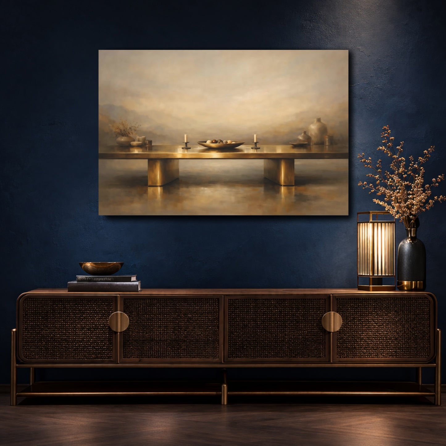 Mockup 4. Vintage Still Life Gold And Tan shown as stretched canvas wall art