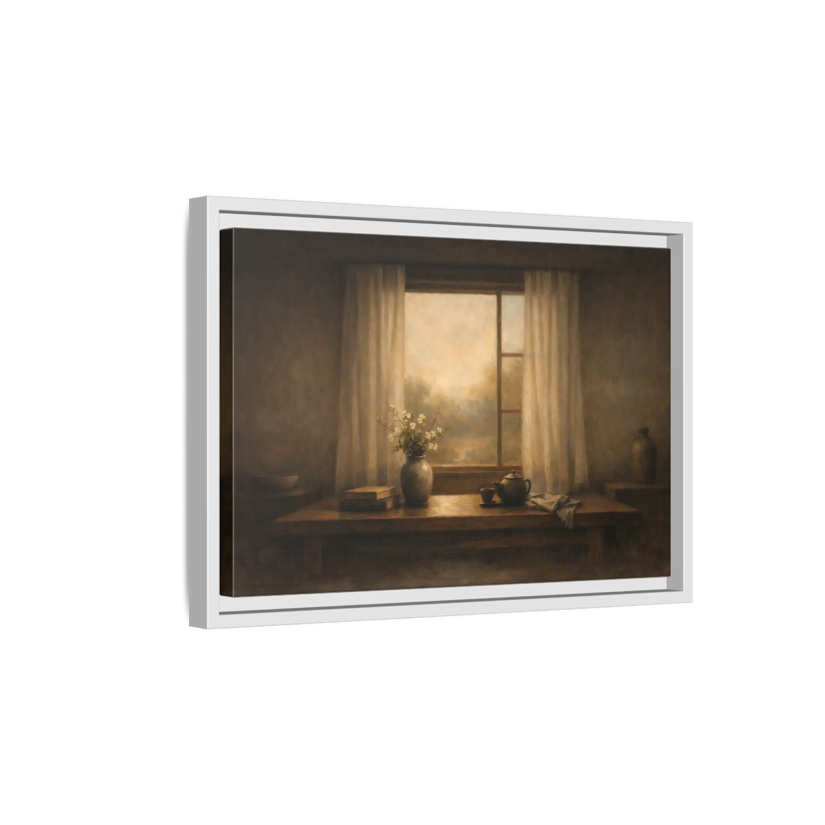 Side Mockup 4. Vintage Still Life Muted Brown shown as stretched canvas wall art