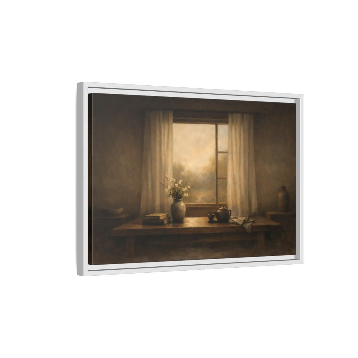 Side Mockup 1. Vintage Still Life Muted Brown shown as stretched canvas wall art