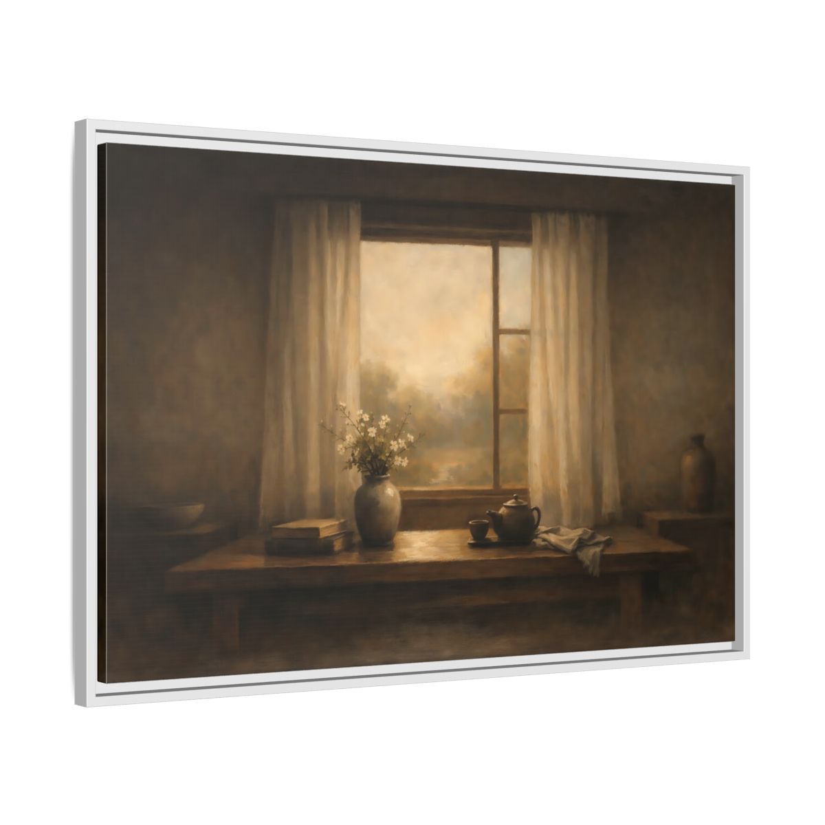 Side Mockup 8. Vintage Still Life Muted Brown shown as stretched canvas wall art