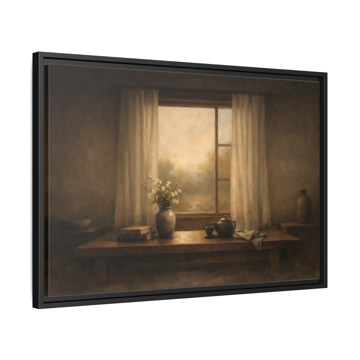 Side Mockup 14. Vintage Still Life Muted Brown shown as stretched canvas wall art